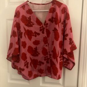 SHEIN Pink Bell Sleeve Asymmetrical Blouse